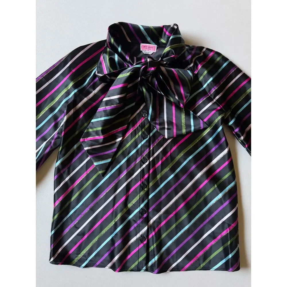 Kate Spade Women's Black Multi Party Stripe Tie-Neck Blouse Size XS